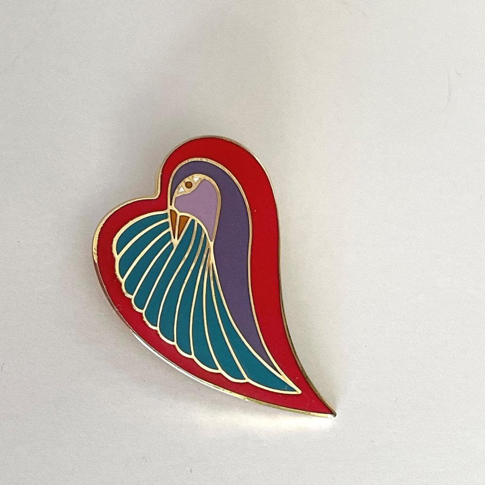 Vintage 80's Laurel Burch Enamel Dove Heart Brooch Pin Multi Red Gold